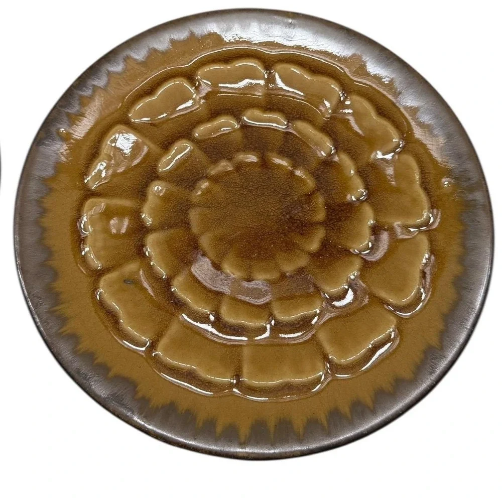 Pier 1 Akita Salad Plate Set 4 Brown Amber Floral Earthenware Size 8.5 in